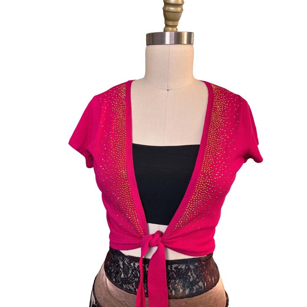 Y2K Rhinestone Christina Rotelli Tie Front Shrug Cardigan M Pink Vintage